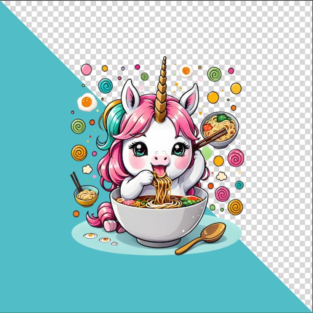 PSD psd 3d-cartoon-einhorn in einer schüssel mit ramen-nudeln mit transparentem hintergrund