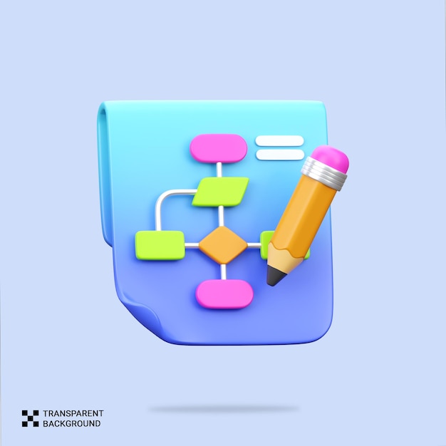 PSD 3D Cartoon Flowchart Diagram with Pencil for Project Planning and Strategy