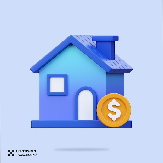 PSD 3D Casa de dibujos animados con moneda que representa la inversión inmobiliaria