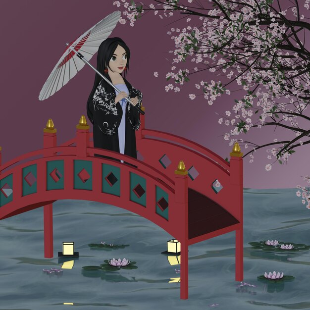 PSD psd-3d-darstellung einer geisha auf der brücke, isoliert auf violettem hintergrund mit sakura-blüte