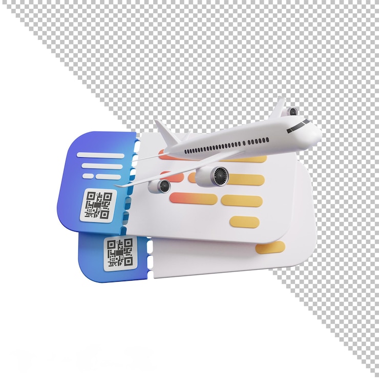 PSD psd 3d de um avião e bilhetes de viagem em um fundo realista transparente