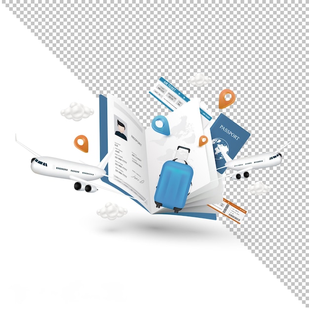 PSD 3D de um avião e passaporte e uma localização e malas de viagem em um fundo realista transparente
