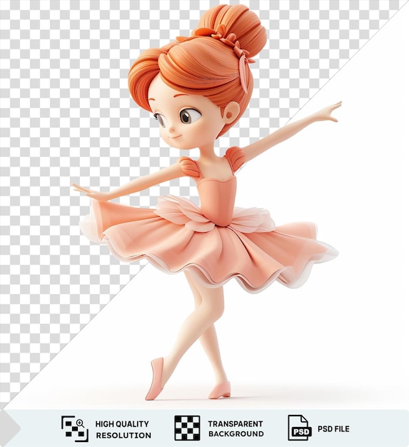 Psd 3d desenho animado de bailarina executando uma elegante pose de balé com um vestido rosa e cabelo laranja com uma boneca e braço estendido no fundo as bailarinas descalças e pernas