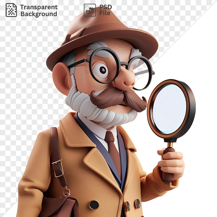 PSD psd 3d dibujos animados de detectives resolviendo un complejo enigma personaje con un sombrero marrón gafas negras y una corbata marrón sosteniendo una lupa en la mano con un botón negro y