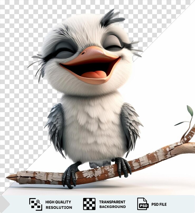 PSD psd 3d dibujos animados kookaburra riendo en una rama de árbol