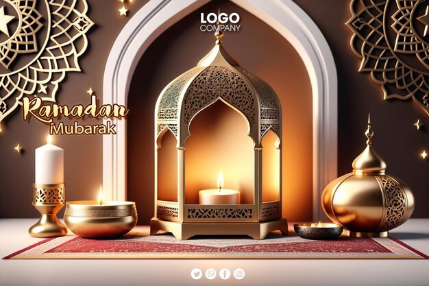 PSD psd 3d diseño de pancartas de celebración del ramadán o festividad islámica con linternas de la mezquita
