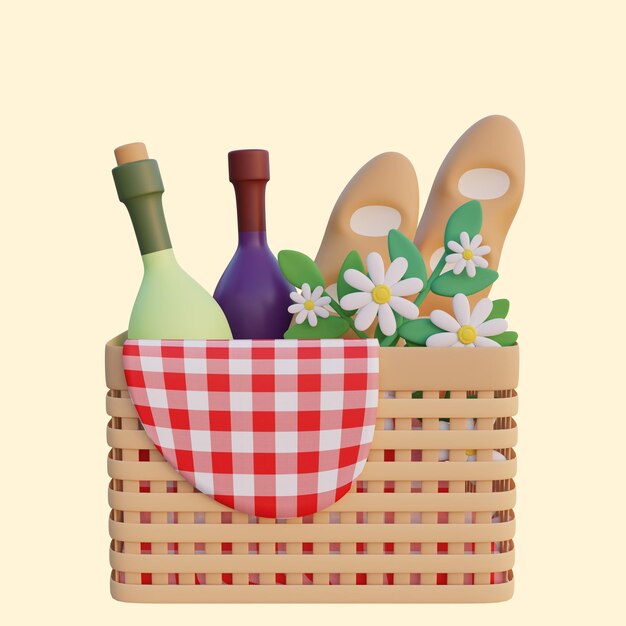 PSD 3d Ein Picknickkorb mit einem roten Tuch und einer Flasche Wein und einer Flasche Weinillustration