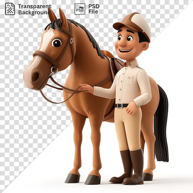 PSD psd 3d entrenador de caballos de carreras dibujos animados preparando un preciado caballo de pura sangre con una melena y cola negras usando un sombrero blanco y cinturón negro mientras sostiene un juguete los caballos patas marrones y