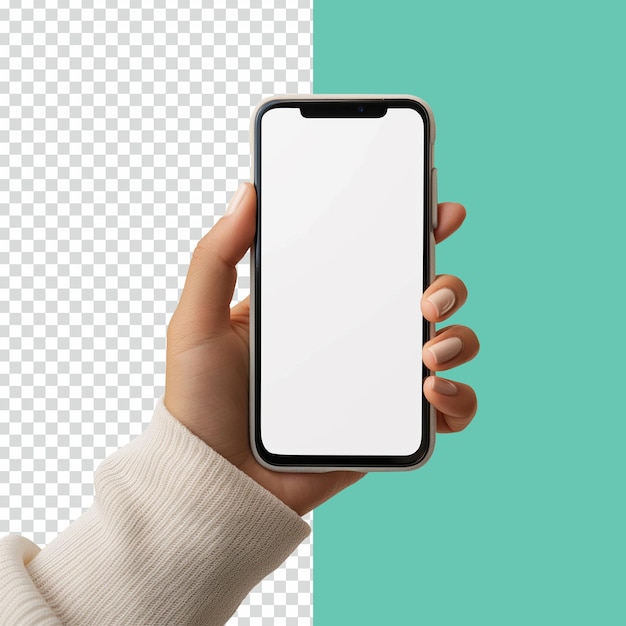 PSD psd 3d fille tenant la main d'un smartphone avec un écran blanc sur un fond transparent isolé