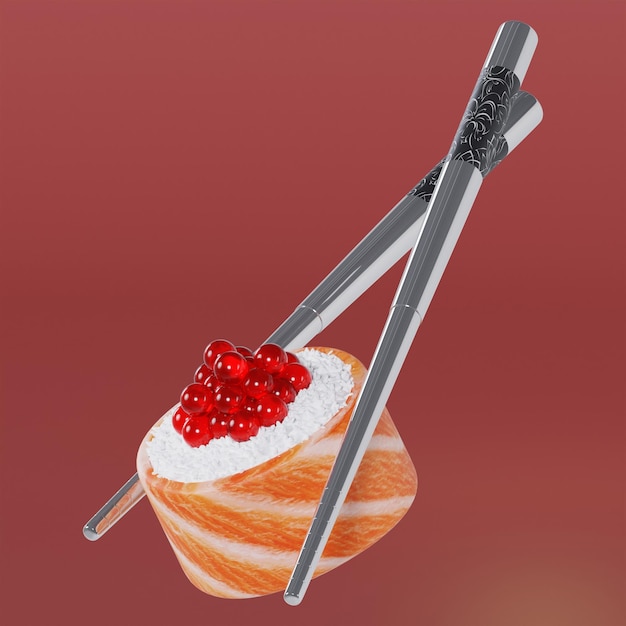 Psd 3d-gerenderte sushi-rolle mit stäbchen