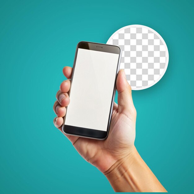 PSD psd 3d girl hand holding mobile phone with white screen on isolated transparent background