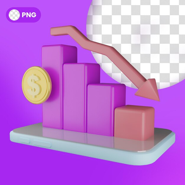 PSD 3d gráfico de flechas de renderizado hacia abajo con gráfico de quiebra