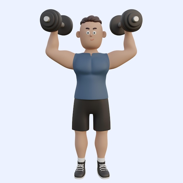 Psd 3d Gym Homme Avec Une Chemise Bleue Et Un Short Tient Des Haltères Dans Ses Mains Illustration