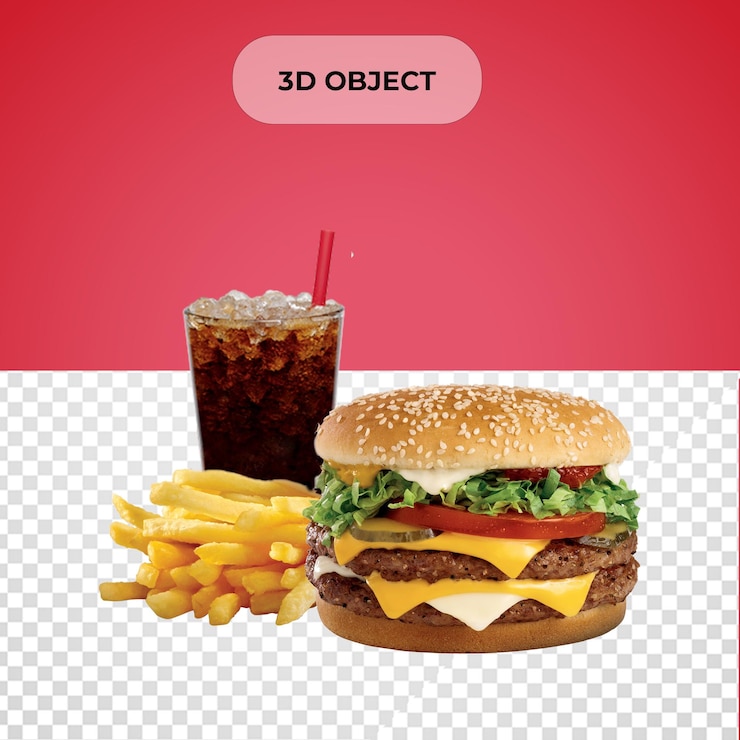 PSD psd 3d hamburguesa deliciosa con refresco png fondo transparente