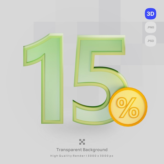 PSD-3D-Icon-Darstellung Render-Banner Nummer 15 Rabattprozent mit transparentem Hintergrund