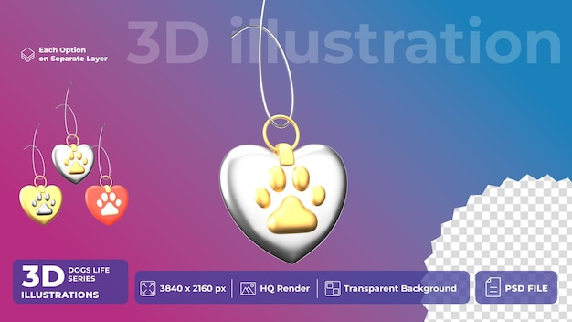 PSD psd 3d icon pet life colgante de mascota en forma de corazón estilo de dibujos animados