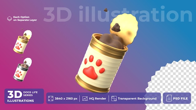 Psd 3d icon pet life comida para animais de estimação em lata estilo desenho animado