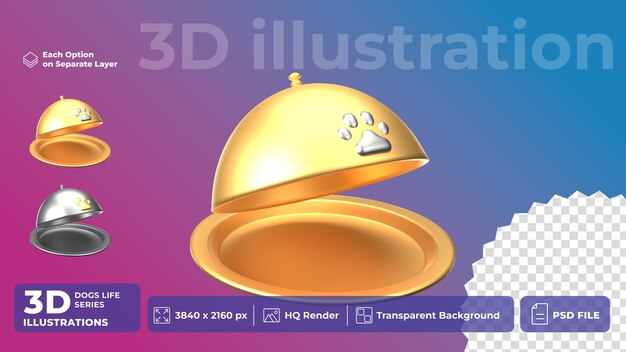 PSD 3d Icon Pet Life metal y oro Cubierta de comida Placa de cúpula estilo de dibujos animados