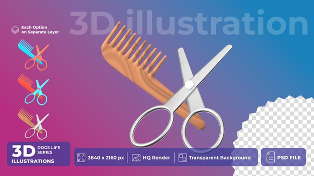 PSD psd 3d icon pet life outils de toilettage pour animaux de compagnie style de bande dessinée