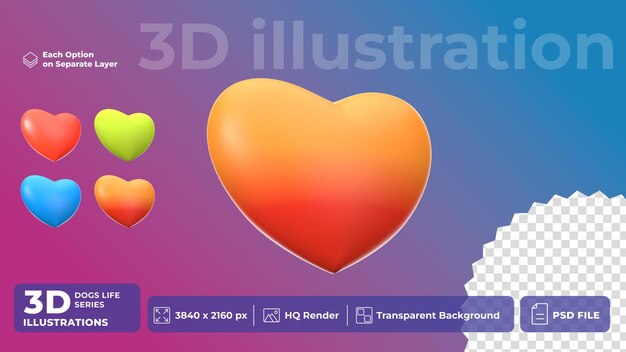 PSD 3d Icono Pet Life Corazón estilo de dibujos animados