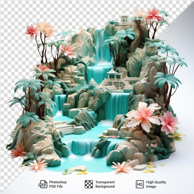 PSD psd 3d-illustration der erawan-wasserfälle thailand sehenswürdigkeiten isoliert auf einem transparenten hintergrund