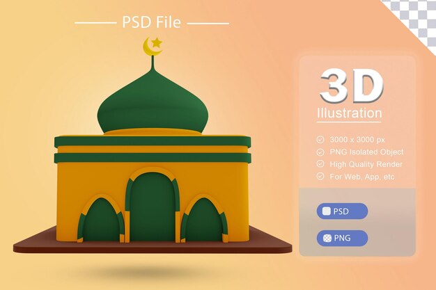 Psd 3d-illustration des islamischen ramadan mit moschee-rendering-symbol auf isoliertem ausschnitt