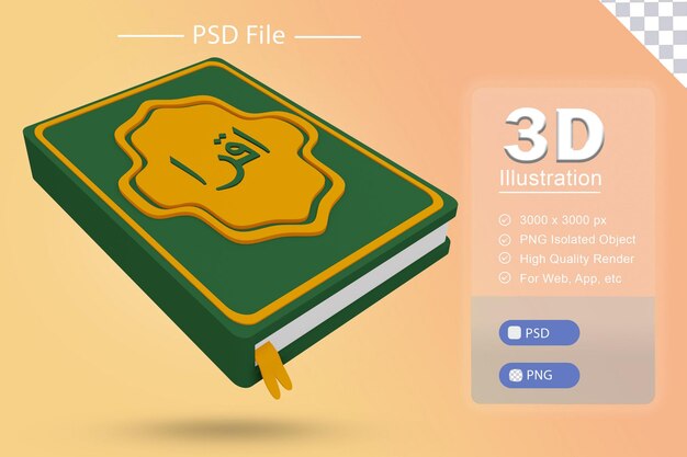 Psd 3d-illustration des islamischen ramadan mit symbol für die darstellung des heiligen korans auf isoliertem ausschnitt