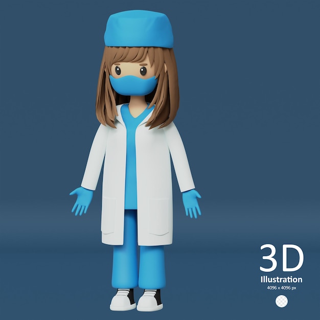 PSD 3D-Illustration einer Arztin in Schutzmaskenhandschuhen und medizinischer Mantel