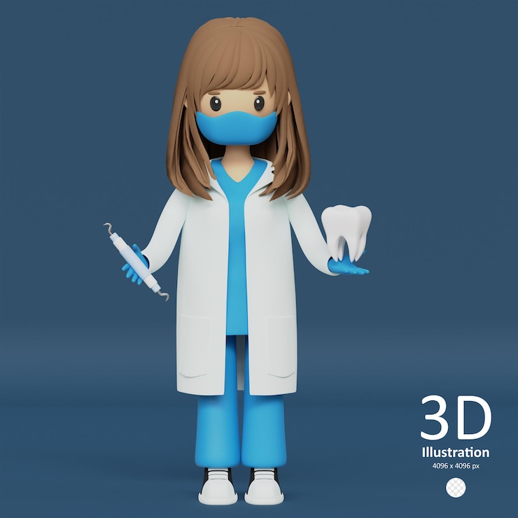 PSD psd 3d illustration of female dentist with stomatology tools and white tooth