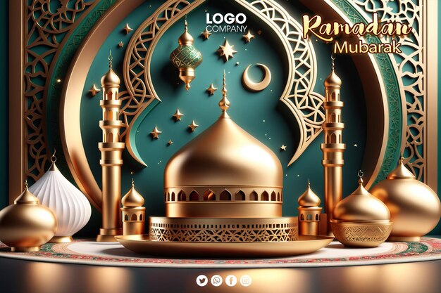 Psd 3d layout de banner de celebração de ramadan ou feriado islâmico com lanternas de mesquita