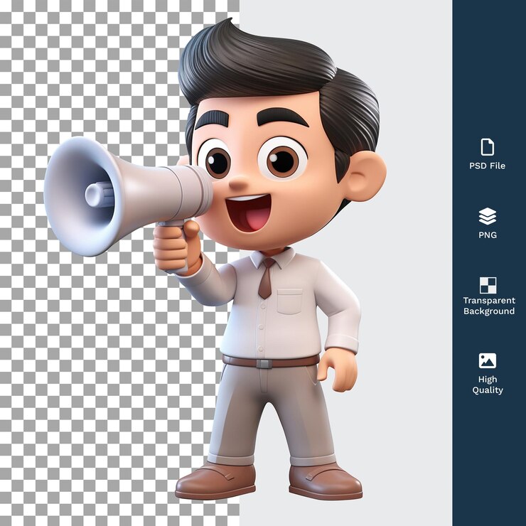PSD psd 3d male character holding a megaphone with transparant background