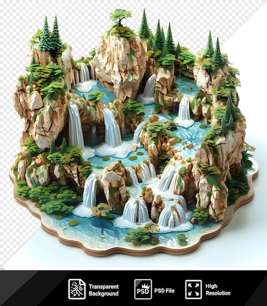 Psd 3d-modell der plitvice-seen mit üppig grünen bäumen und einer lebendigen gelben blume