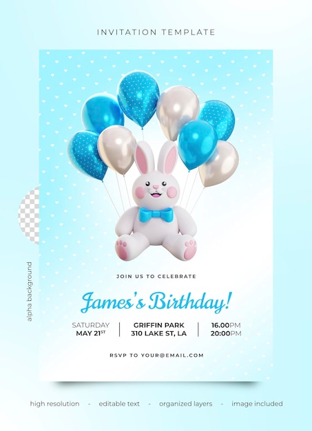 PSD 3D modello di volantino per la festa di compleanno con un carino coniglietto blu e palloncini