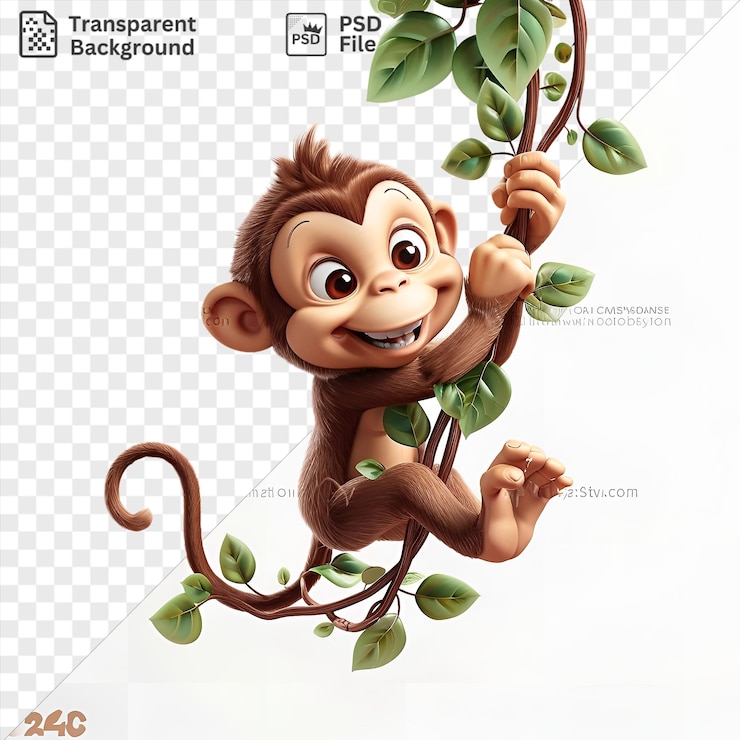 PSD psd 3d mono animado balanceándose de las vides en un fondo aislado