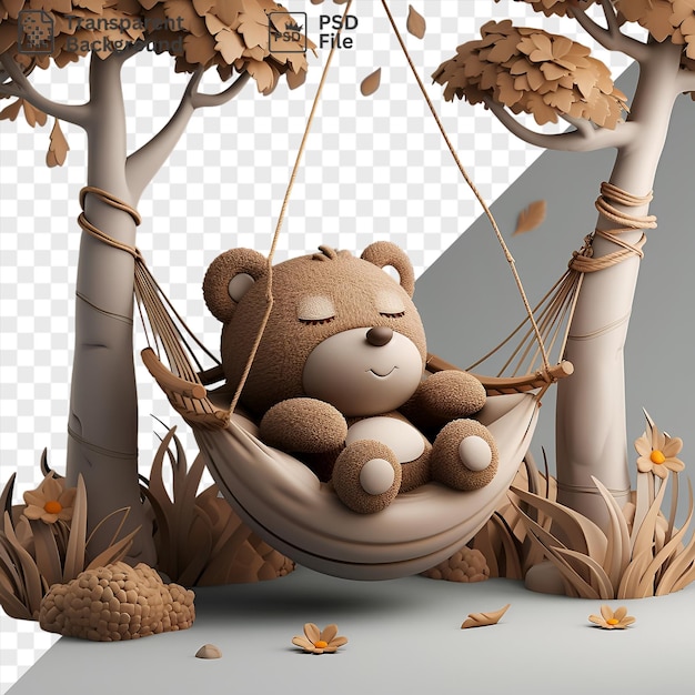 Psd 3d oso de dibujos animados durmiendo en una hamaca rodeado de hojas de otoño y una pared blanca con una oreja marrón y nariz negra y marrón visible en primer plano