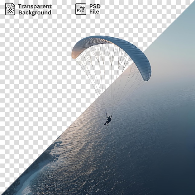 PSD psd 3d-paraglider fliegt über die küste mit einem atemberaubenden blick auf den blauen himmel und das wasser und eine flauschige weiße wolke in der ferne