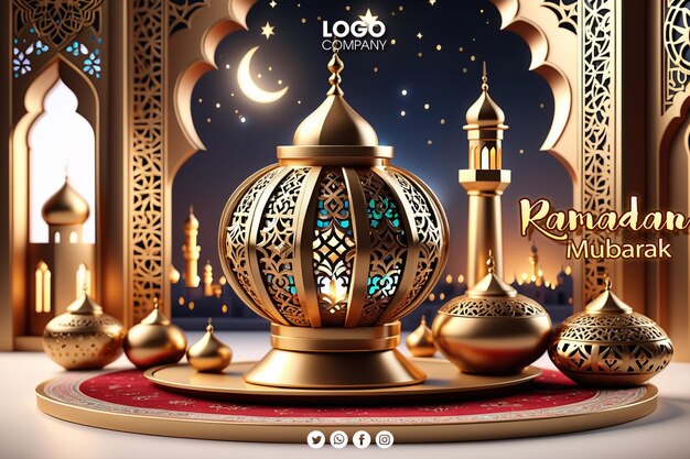 Psd 3d ramadan oder islamischer feiertag banner layout mit moschee laternen