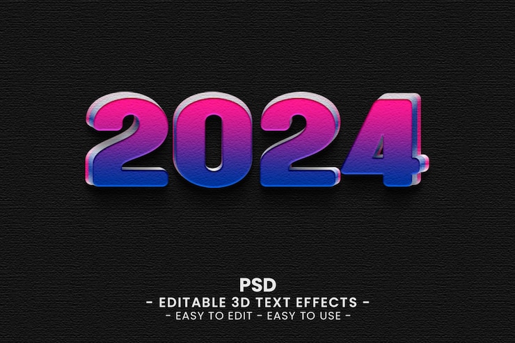 PSD psd 3d realista 2024 efecto de texto editable 3d y color amarillo y rojo