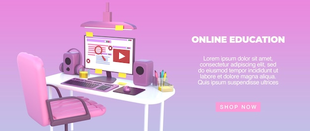 PSD 3d rend l'éducation en ligne avec le bureau