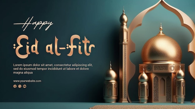 PSD 3D rende felice eid alfitr post sui social media con la moschea sullo sfondo