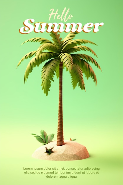 PSD 3D render Une affiche minimaliste pour une plage avec un palmier dessus Happy Summer