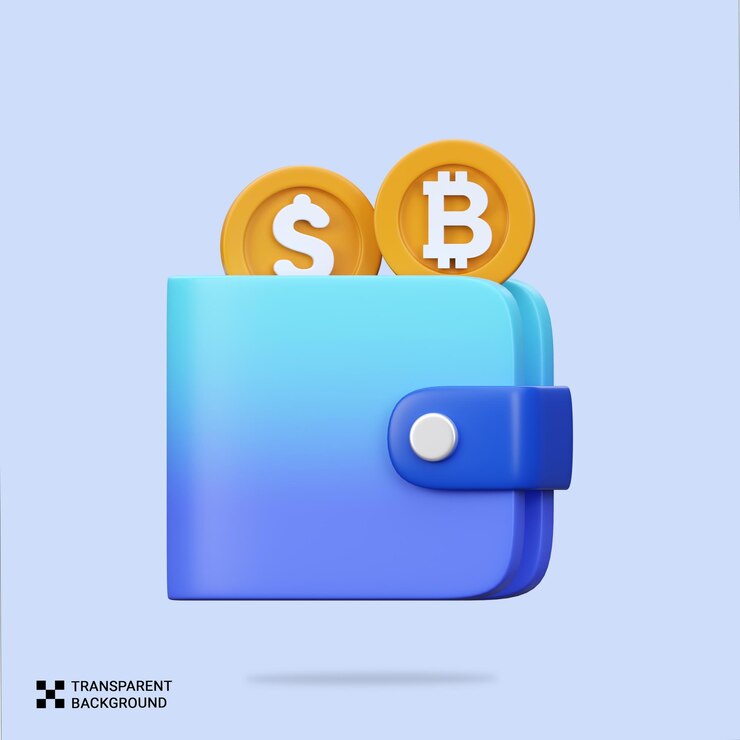 PSD psd 3d render bitcoin y monedas de dólar en una billetera criptográfica azul