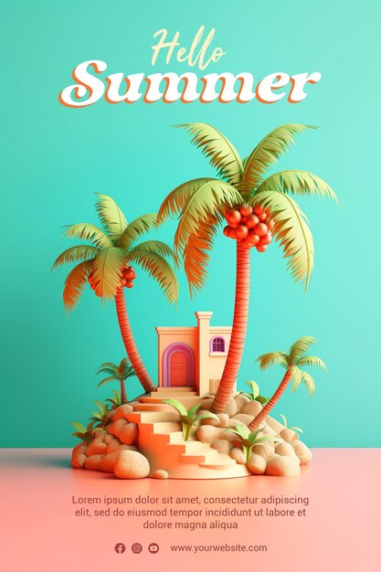 PSD 3D render Un cartel minimalista para una playa con una palmera Feliz verano