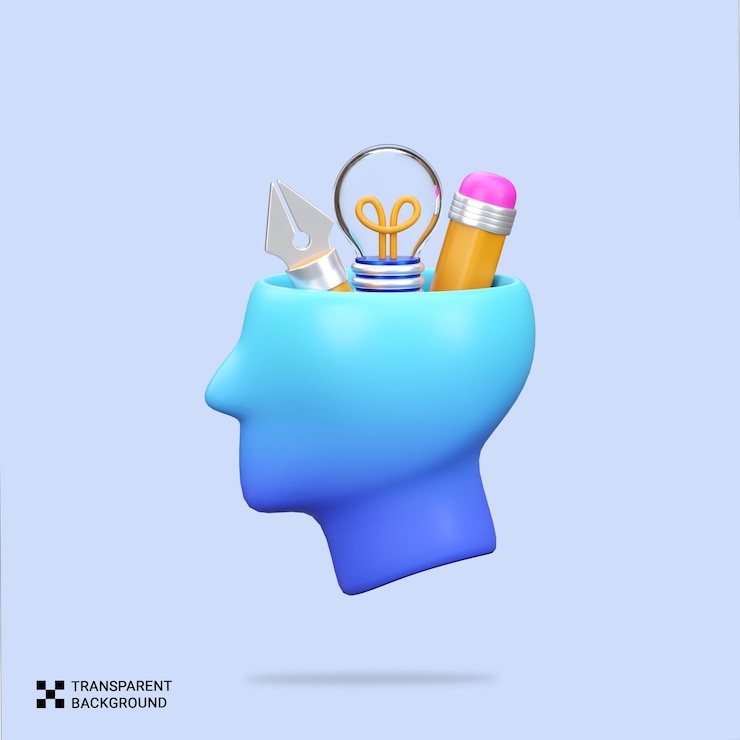 PSD psd 3d render creative brain with ideas and tools
