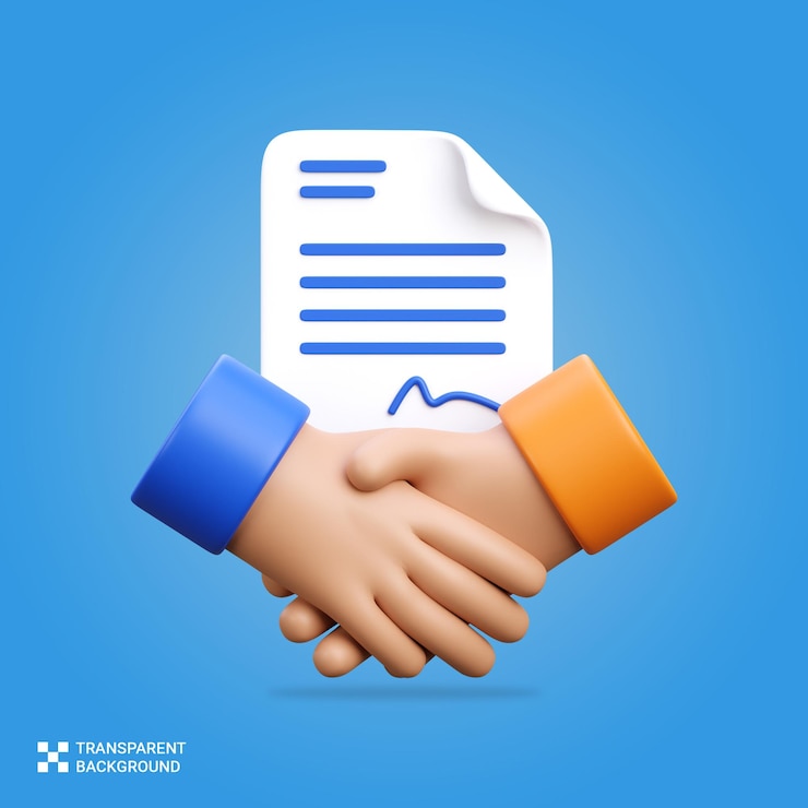 PSD psd 3d render due mani stringere con un documento di accordo su uno sfondo blu