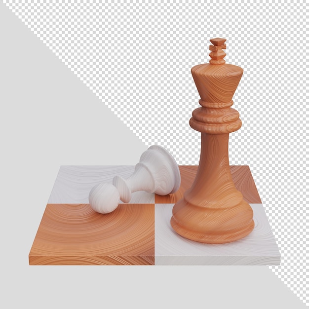 PSD psd 3d render figuras de ajedrez de madera peón y rey en un tablero de ajedrez