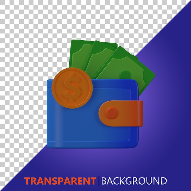 PSD 3D-Render-Geldbörse mit Münz- und Dollarscheinillustration