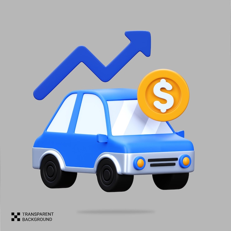 PSD psd 3d render icon de préstamo de automóvil con símbolo de dólar y flecha de tendencia ascendente