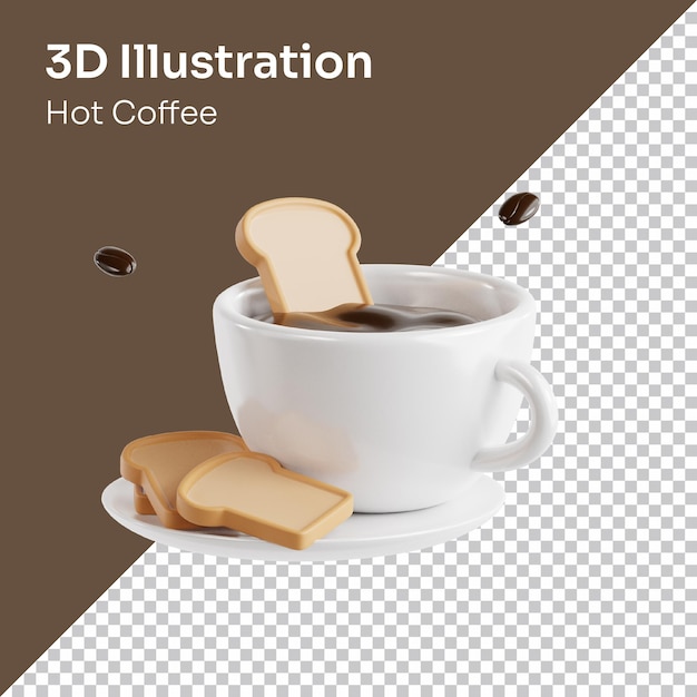PSD 3d Render illustrazione dell'icona del caffè caldo e del pane