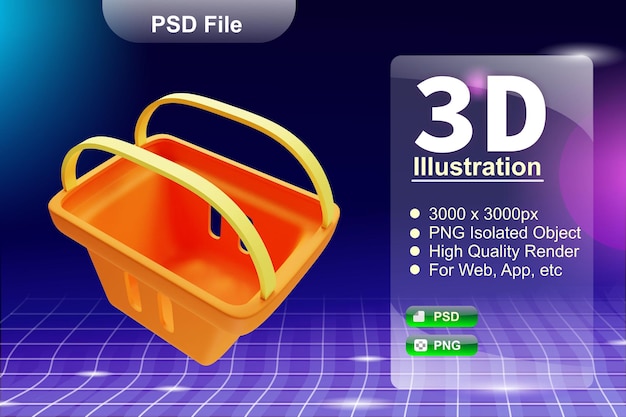 PSD 3D render negocio e ilustración de tienda en línea de la aplicación de cesta de la compra icono aislado